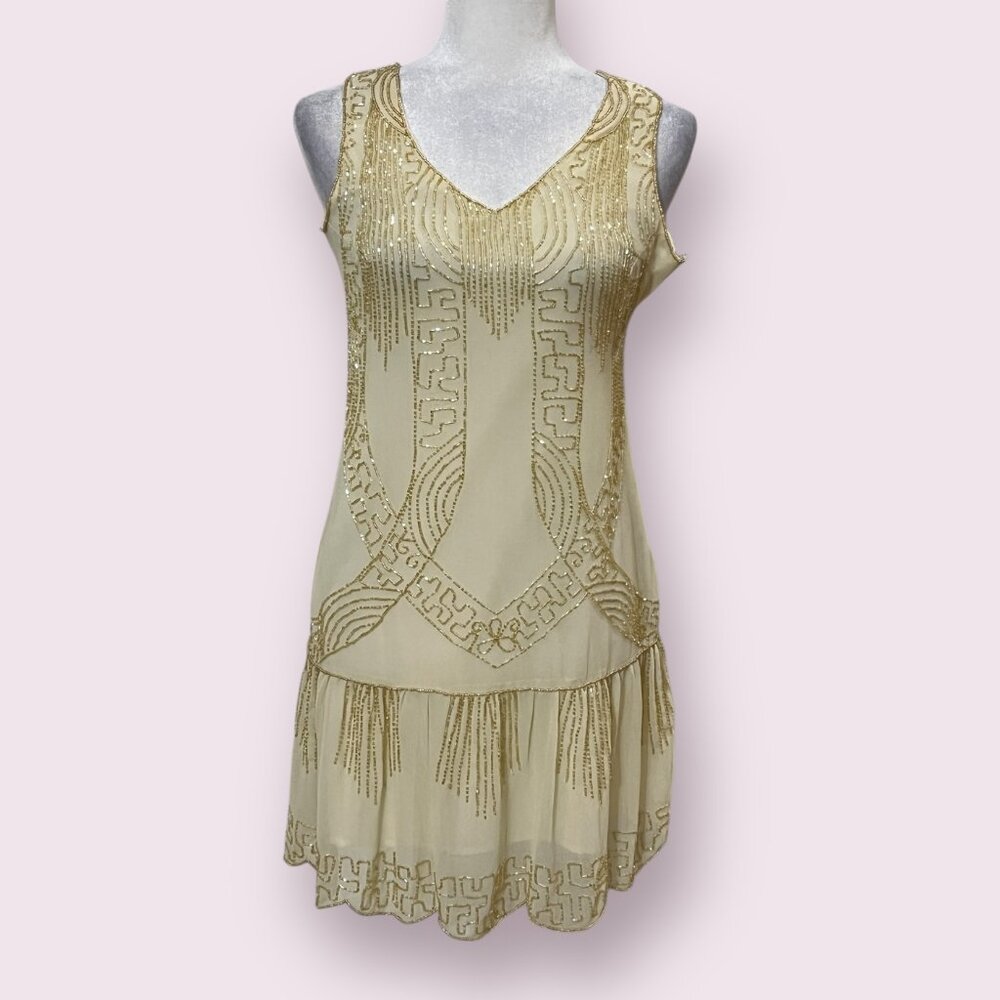 Frock and Frill Beaded Flapper Dress 20s Style Nude Golg Size 4 US Gatsby Art